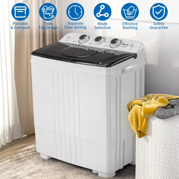 2026 New 20Lb Twin Tub Washing Machine w/ Built-In Pump - Semi-Automatic 1300RPM Compact Washer for Apartment, Dorm, RV, Camping, White/Black