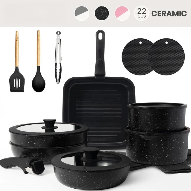 2026 New Non-Toxic Nonstick Ceramic 22 pcs pots and pans set complete Cookware Set with Lids,Detachable Handle,PFAS-Free,Dishwasher Oven Safe,Kitchen Outdoorfun Induction Compatible - Image 3