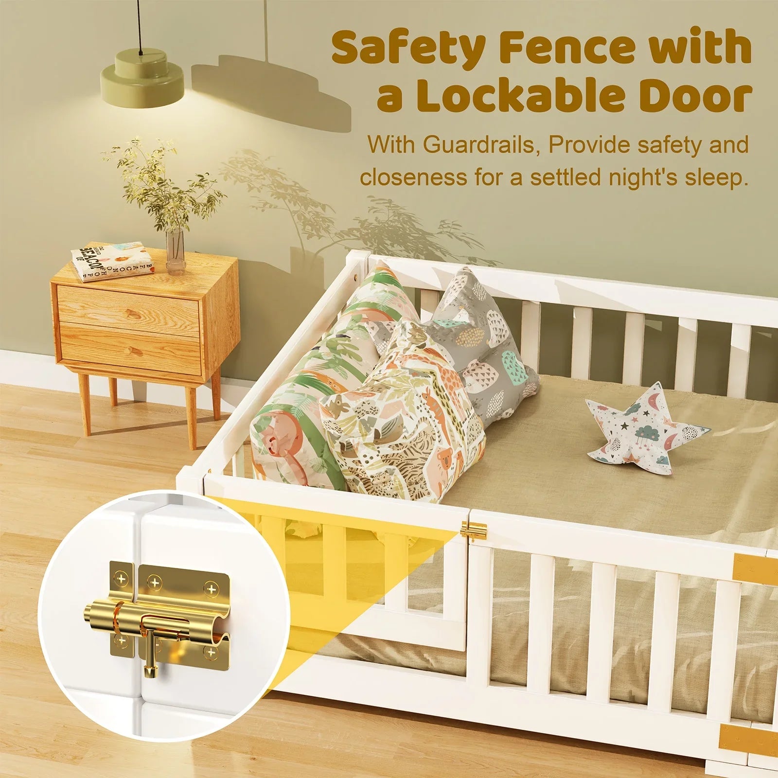 2026 New Slsy Twin Size Toddler Floor Bed, Solid Wood Montessori Bed Frame with Fence & Door Montessori Floor Bed Crib with Safety Guardrails for Girls and Boys - Image 6