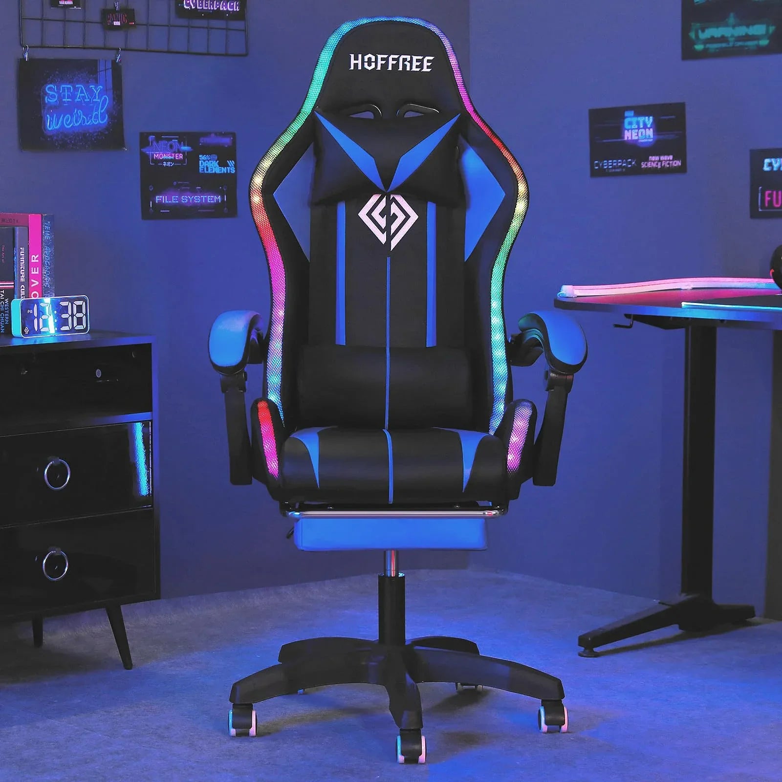 2026 New RGB Gaming Chair with Speakers Massage Computer Gaming Chair with LED Lights and Footrest High Back Video Game Chair for Adults Blue and Black - Image 4