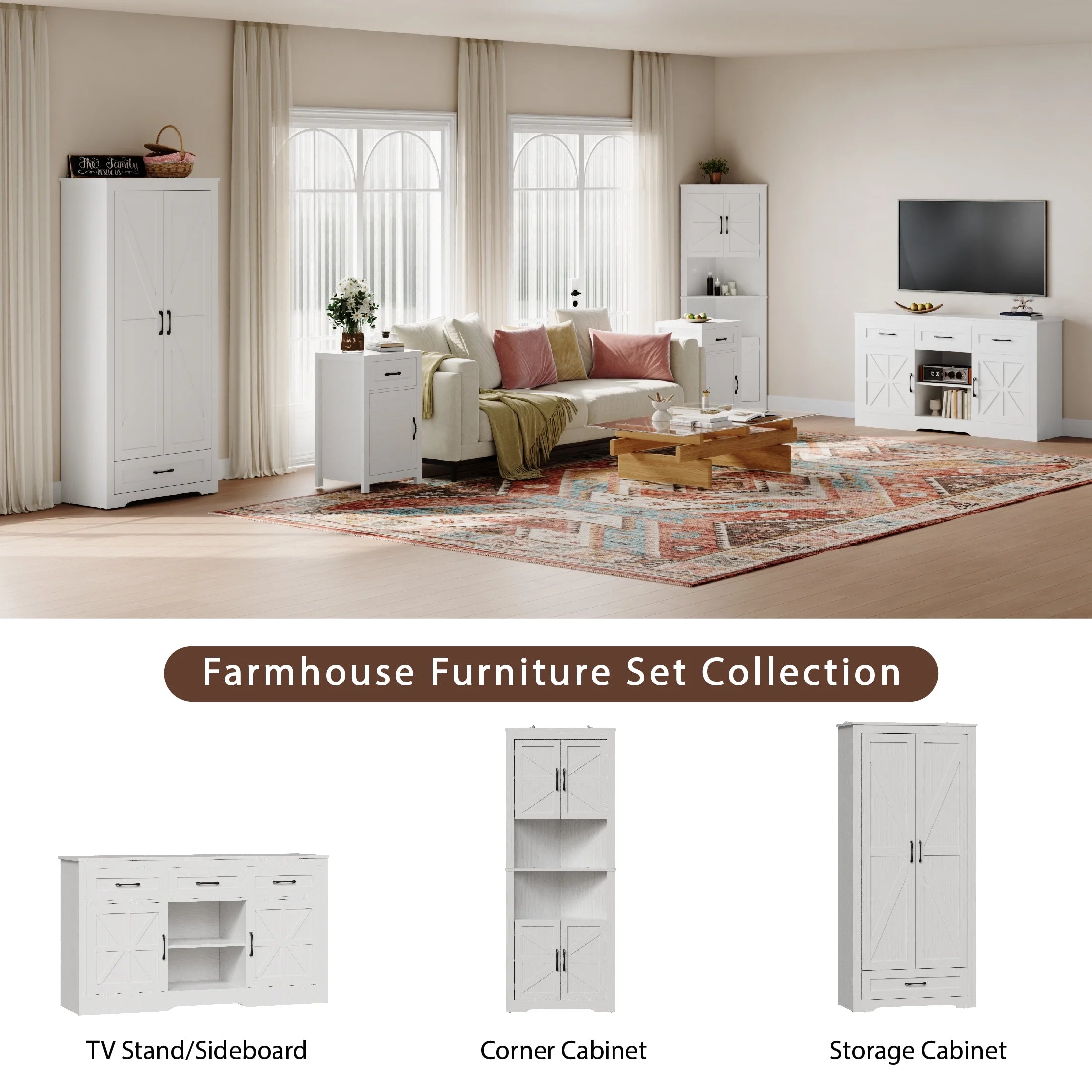 2026 New YouTrend 69" Tall Kitchen Pantry,Farmhouse Storage Cabinet with 2 Barn Doors 4 Adjustable Shelves and Large Drawer for Dining Room,Living Room,Bathroom,White - Image 7