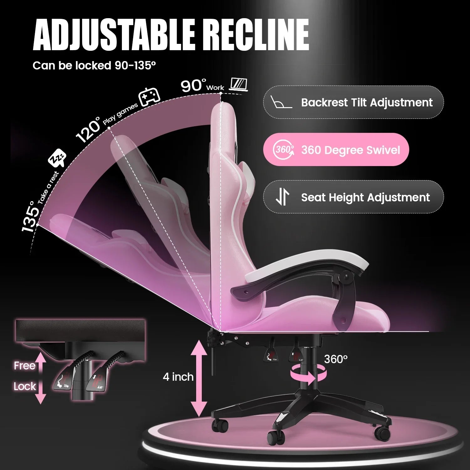 2026 New Bigzzia Gaming Chair Office Chair, Ergonomic Game Chair with Height Adjustable Headrest and Lumbar Support for Adults Teens, Black & White - Image 61