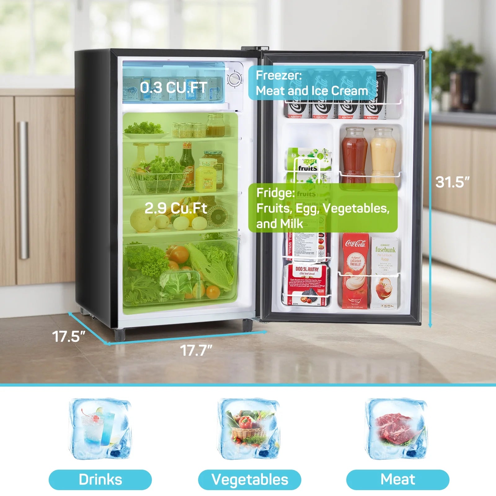 2026 New Upgraded Mini Fridge with Freezer, Compact Single Door, 3.2 Cu.Ft , Adjustable Thermostat, Low Noise, Perfect for Bedroom, Dorm, Office, 17.5" D x 17.7" W x 31.5" H, Black - Image 4