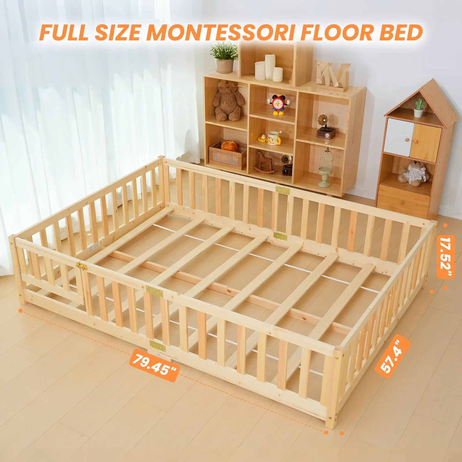2026 New Slsy Twin Size Toddler Floor Bed, Solid Wood Montessori Bed Frame with Fence & Door Montessori Floor Bed Crib with Safety Guardrails for Girls and Boys - Image 23