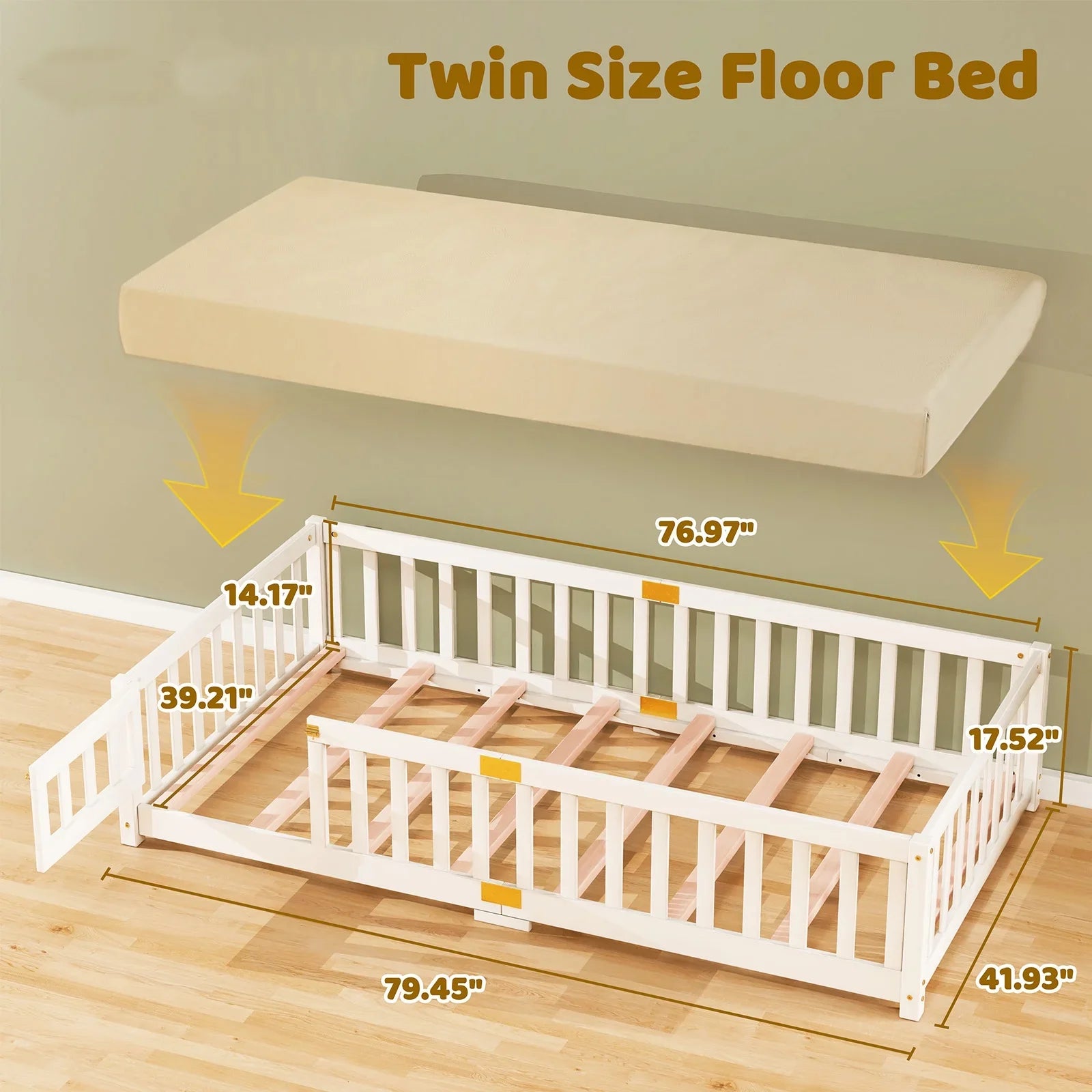 2026 New Slsy Twin Size Toddler Floor Bed, Solid Wood Montessori Bed Frame with Fence & Door Montessori Floor Bed Crib with Safety Guardrails for Girls and Boys - Image 9
