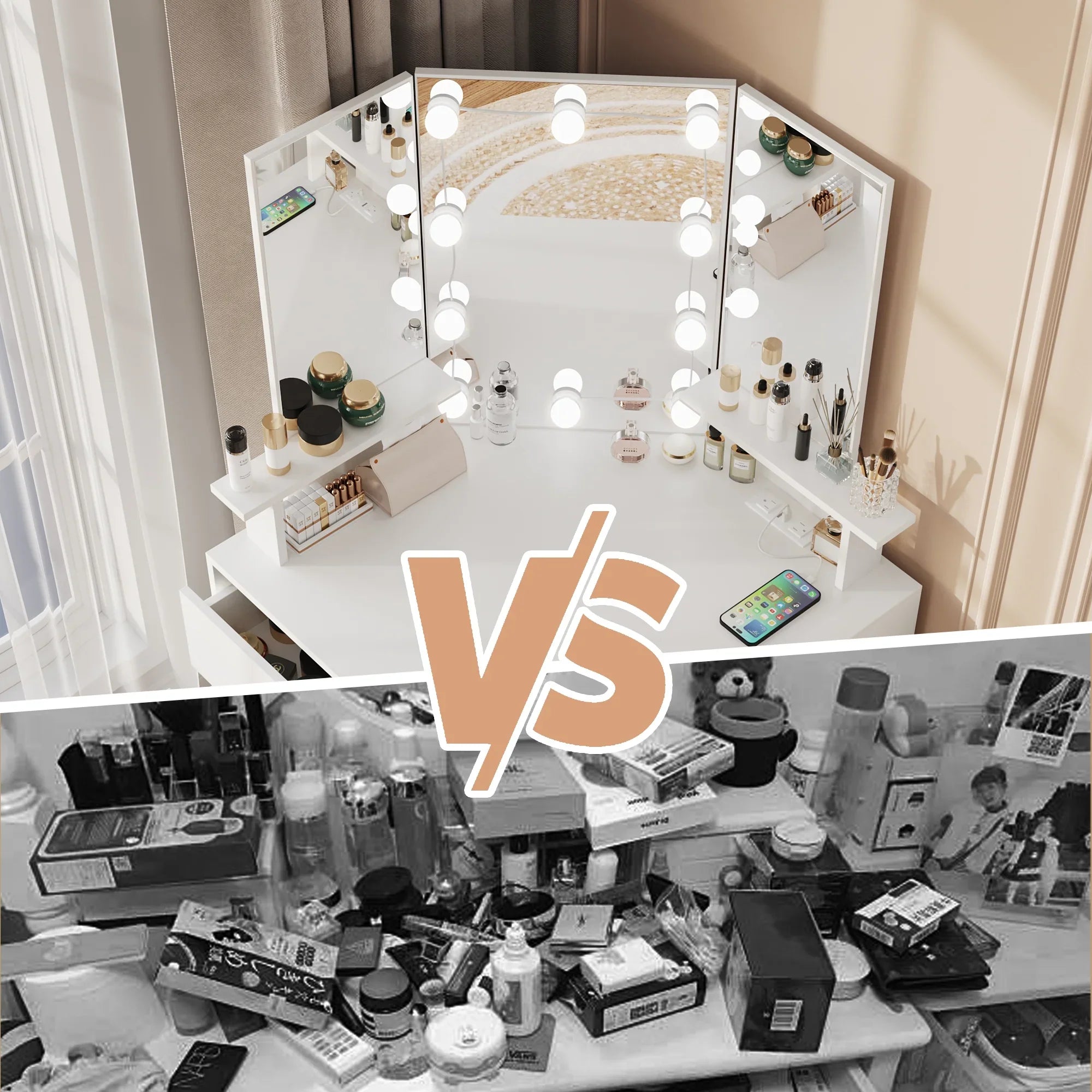 2026 New Veanerwood White Corner Vanity Desk with Mirror and Light,Makeup Table with 4 Drawers and Charging Station for Bedroom - Image 3