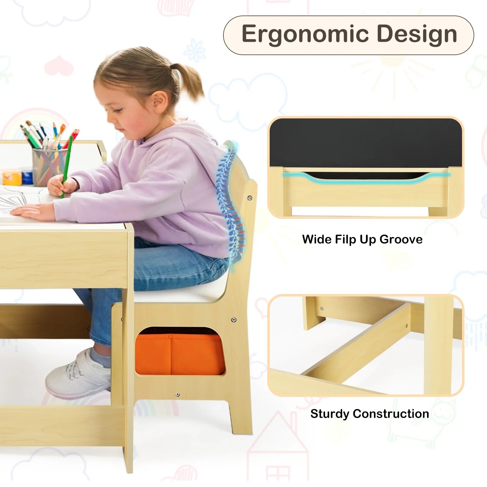 2026 New LINLUX Kids Table and 2 Chairs Set, Children Activity Table Chairs with Chalkboard/Whiteboard, Grey - Image 12