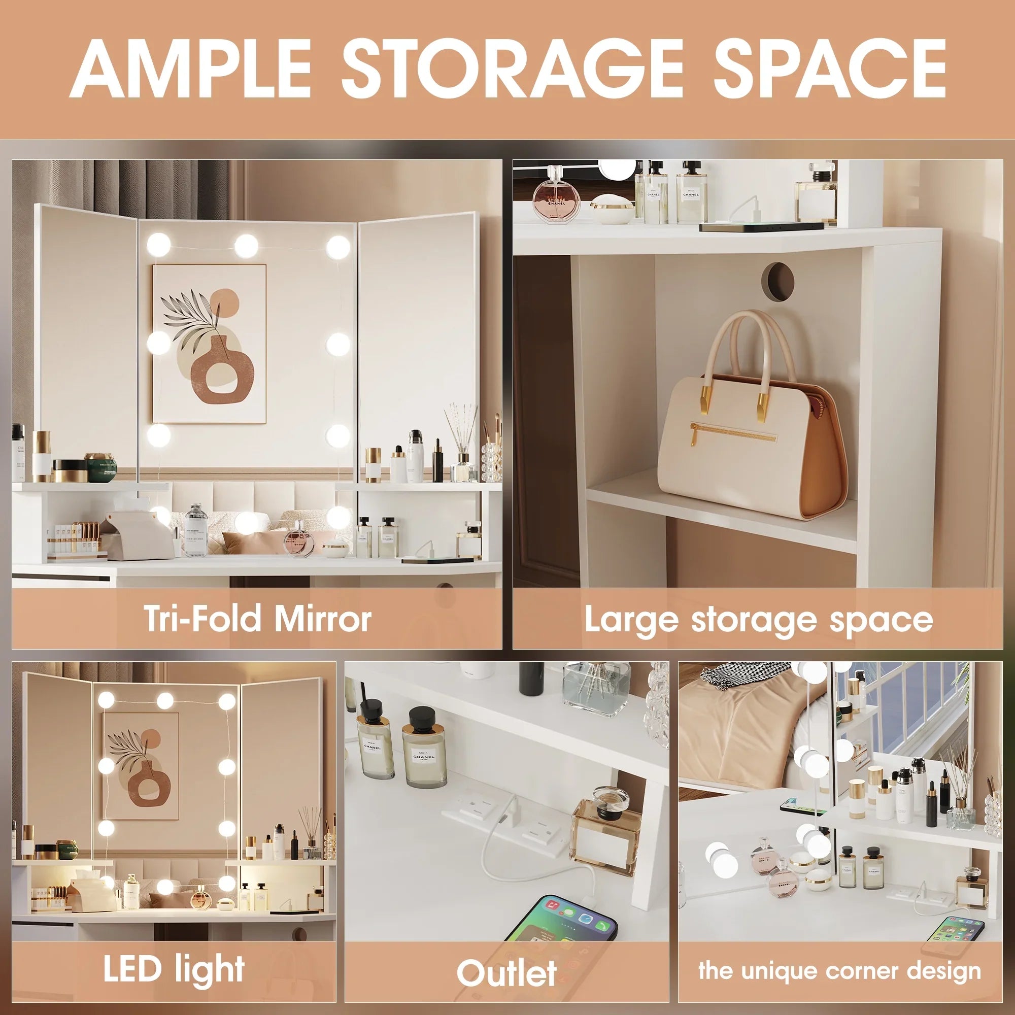 2026 New Veanerwood White Corner Vanity Desk with Mirror and Light,Makeup Table with 4 Drawers and Charging Station for Bedroom - Image 10