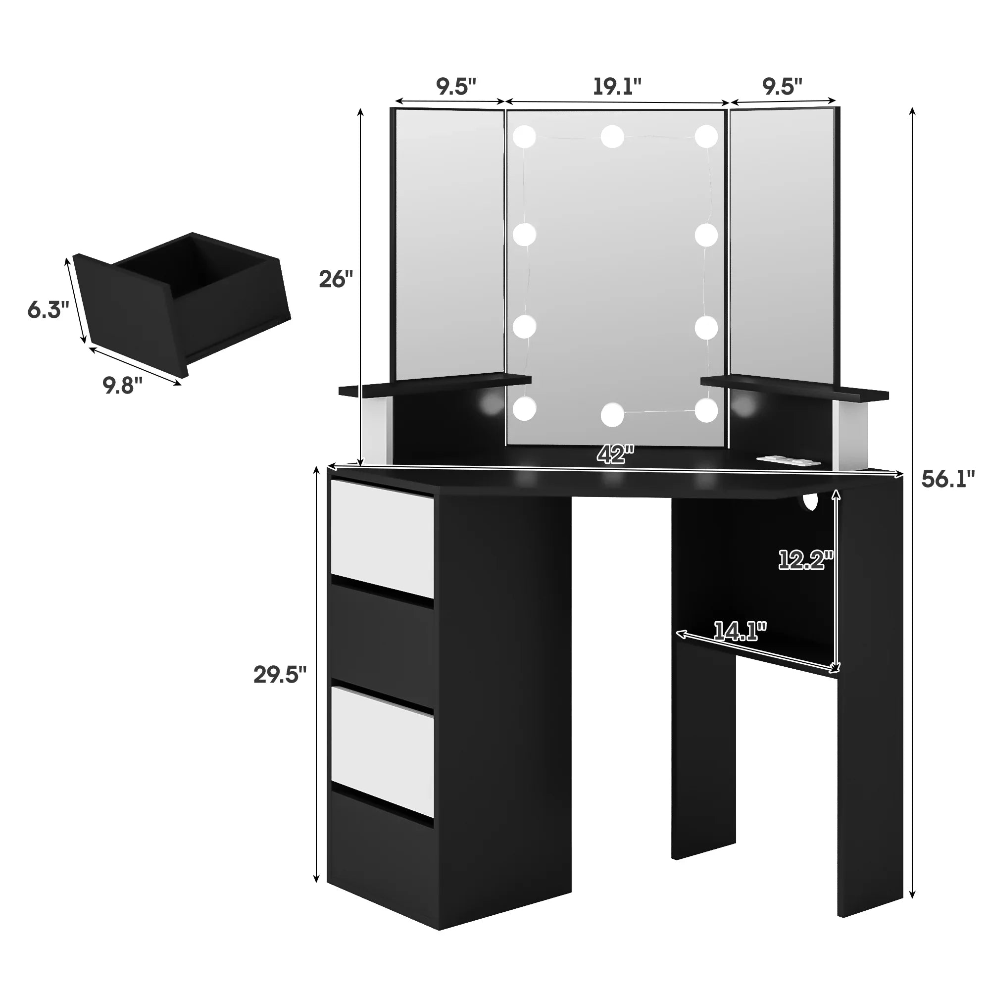 2026 New Veanerwood White Corner Vanity Desk with Mirror and Light,Makeup Table with 4 Drawers and Charging Station for Bedroom - Image 16