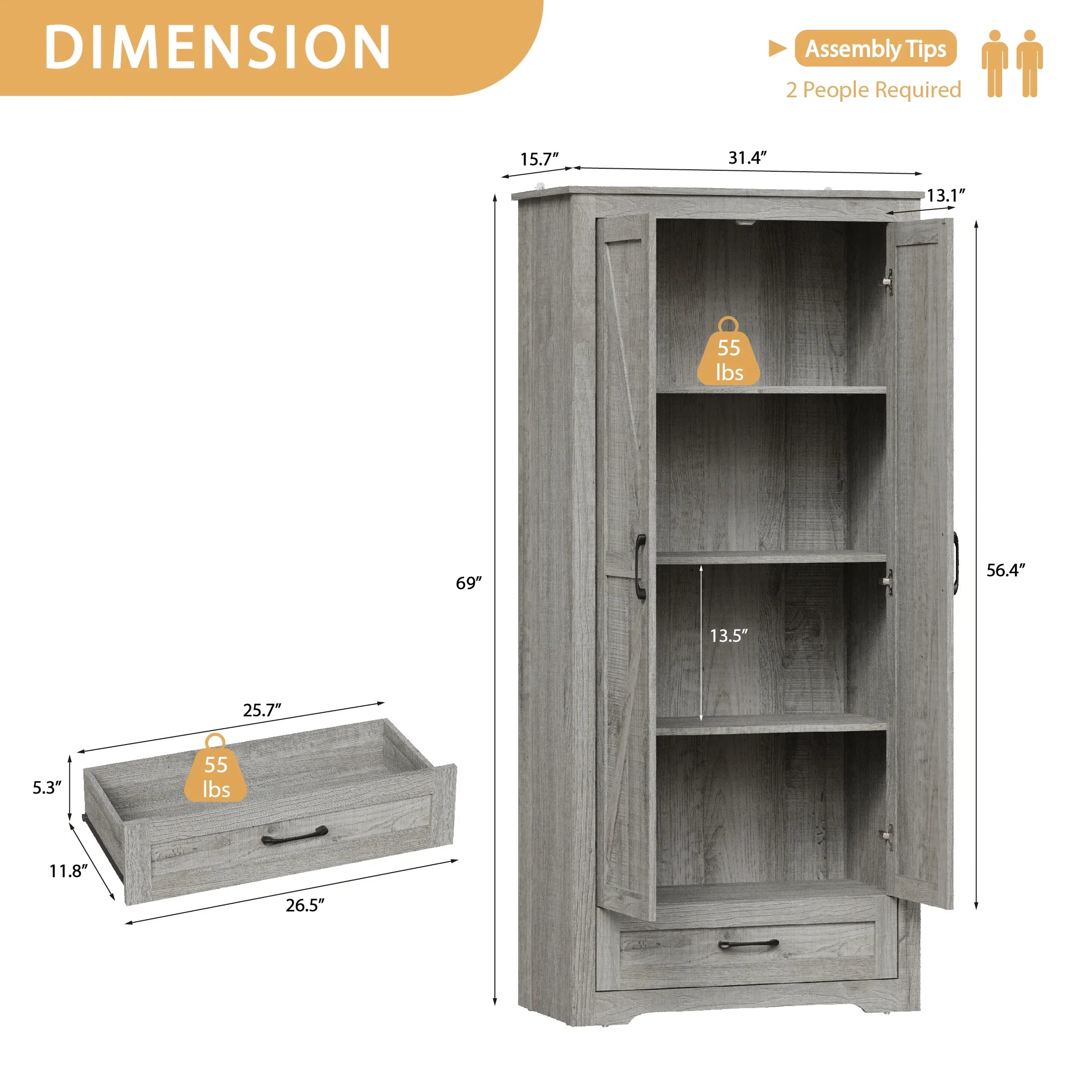 2026 New YouTrend 69" Tall Kitchen Pantry,Farmhouse Storage Cabinet with 2 Barn Doors 4 Adjustable Shelves and Large Drawer for Dining Room,Living Room,Bathroom,White - Image 12