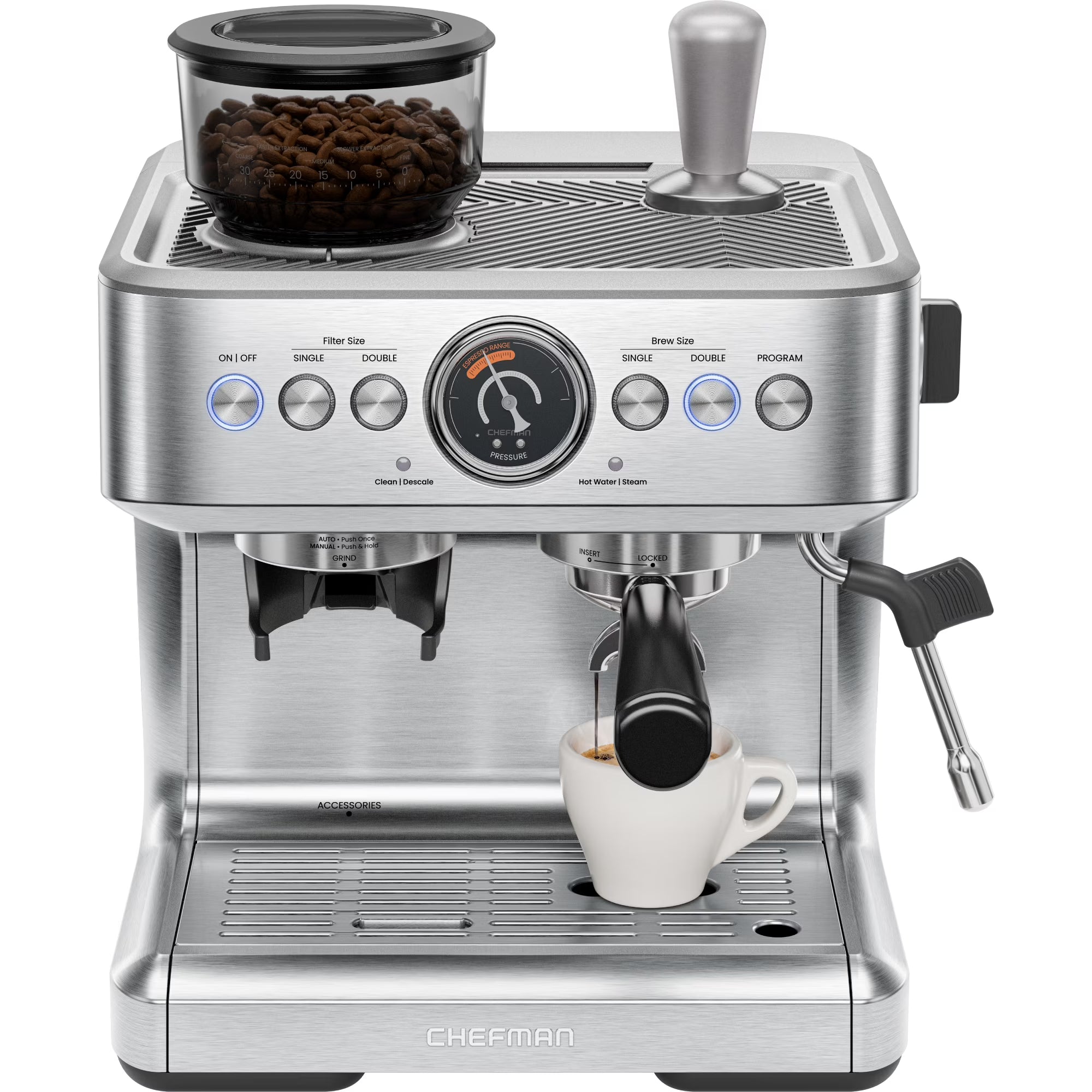 2026 New Chefman Crema Supreme Espresso Machine with Conical Burr Grinder and Steam Wand a. Stainless Steel, New