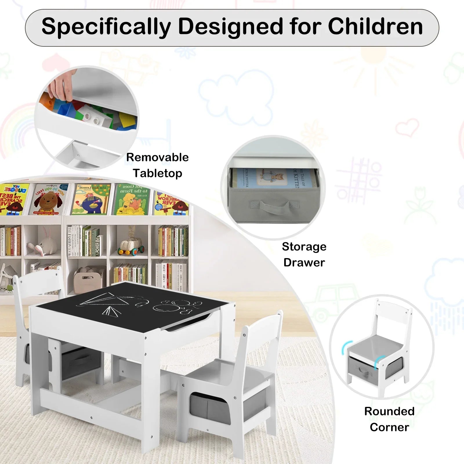 2026 New LINLUX Kids Table and 2 Chairs Set, Children Activity Table Chairs with Chalkboard/Whiteboard, Grey - Image 8