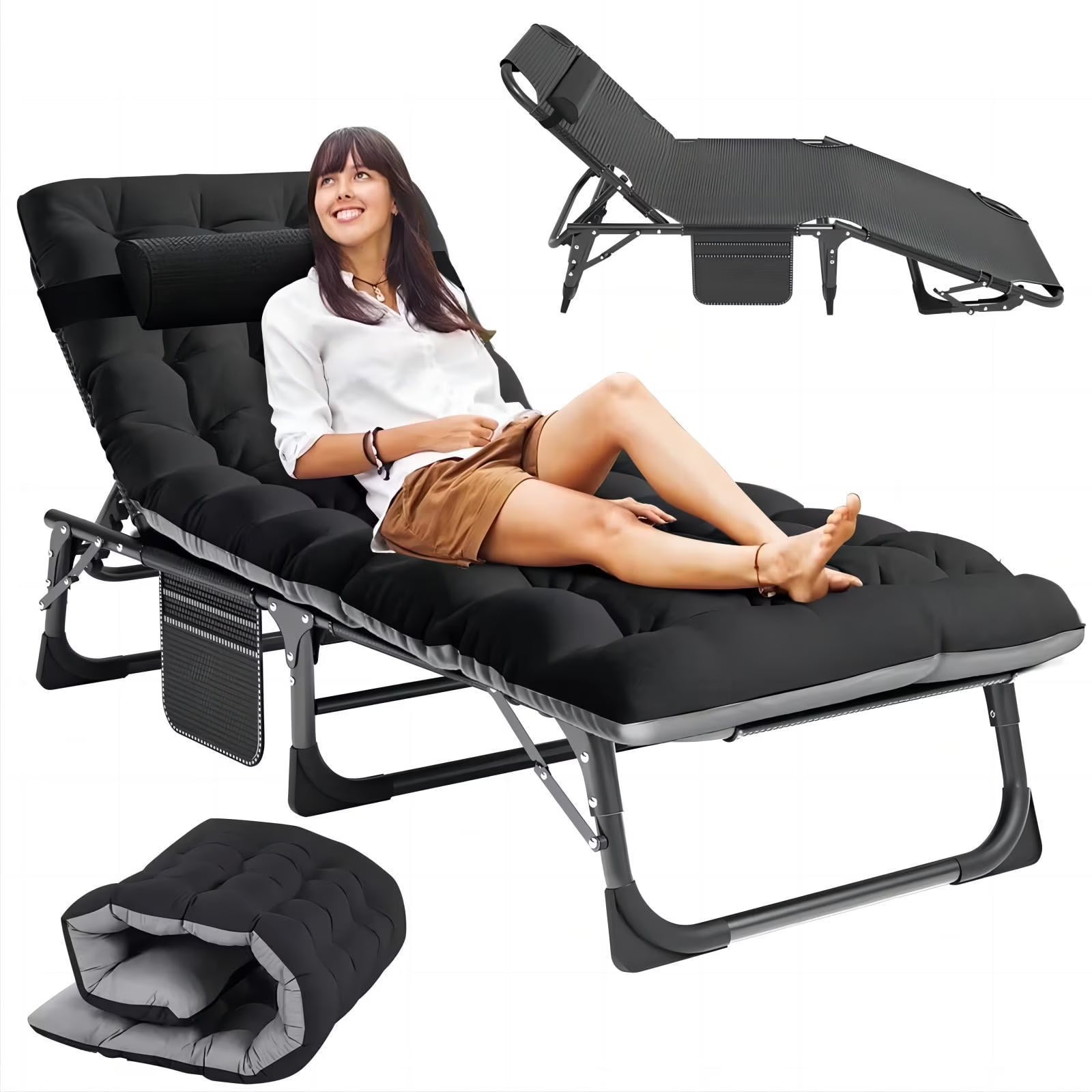2026 New MOPHOTO Lounge Chair with Mattress, Outdoor Chaise Lounge Support 440 Lbs, Adjustable Portable Heavy Duty Sleeping Cots Bed for Camping, Pool, Beach, Patio