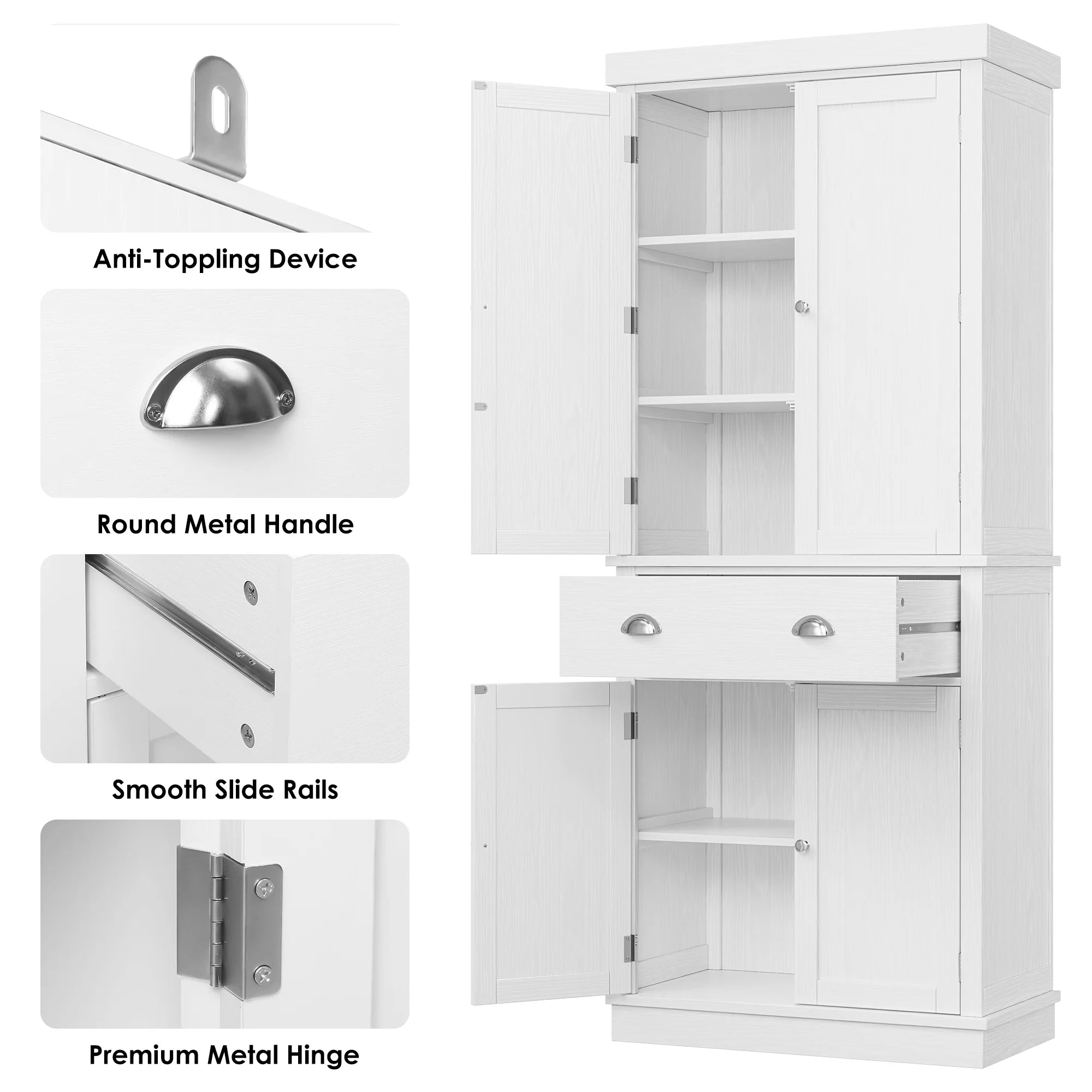 2026 New Homfa 72.4'' Tall Kitchen Pantry with 4 Doors, Large Drawer Shelves Wood Pantry Storage Cabinet for Dining Room Living Room, White - Image 3