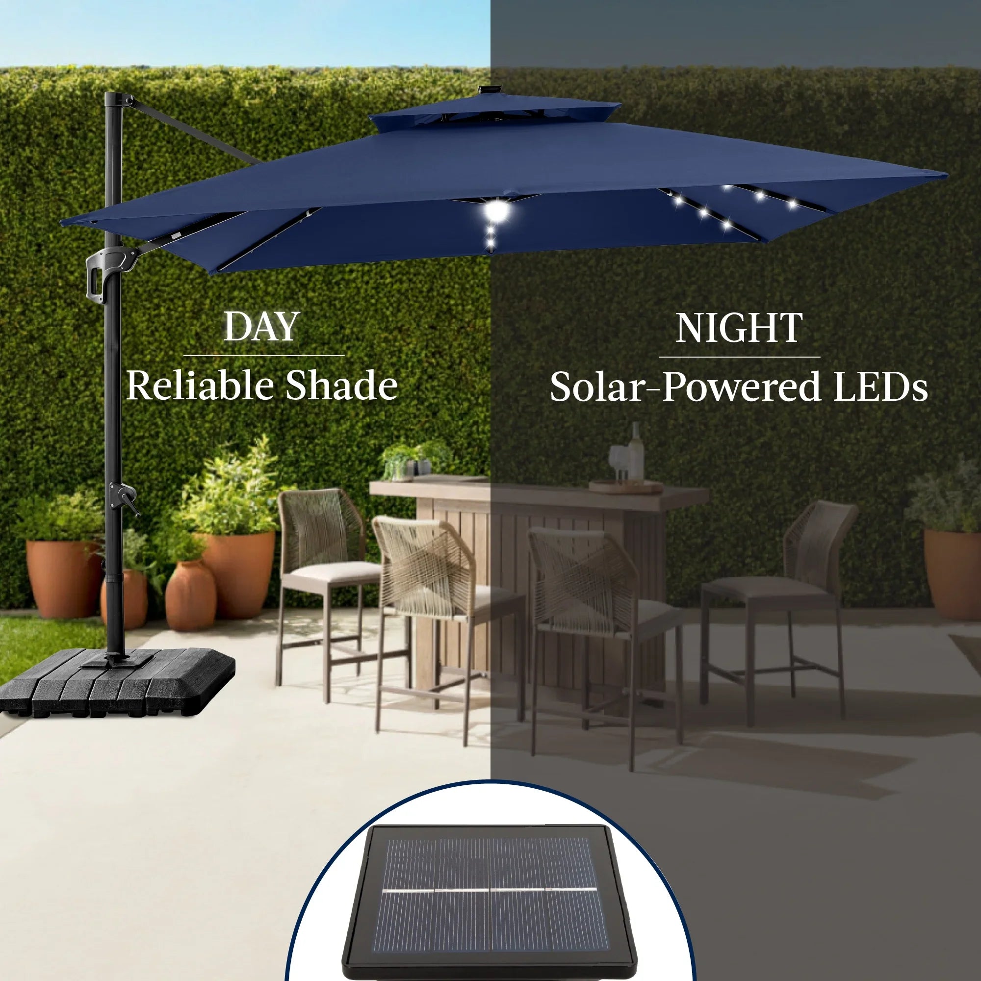 2026 New Best Choice Products 12x12ft 2-Tier Square Outdoor Solar LED Cantilever Umbrella w/ 360-Rotating Base Navy Blue - Image 6