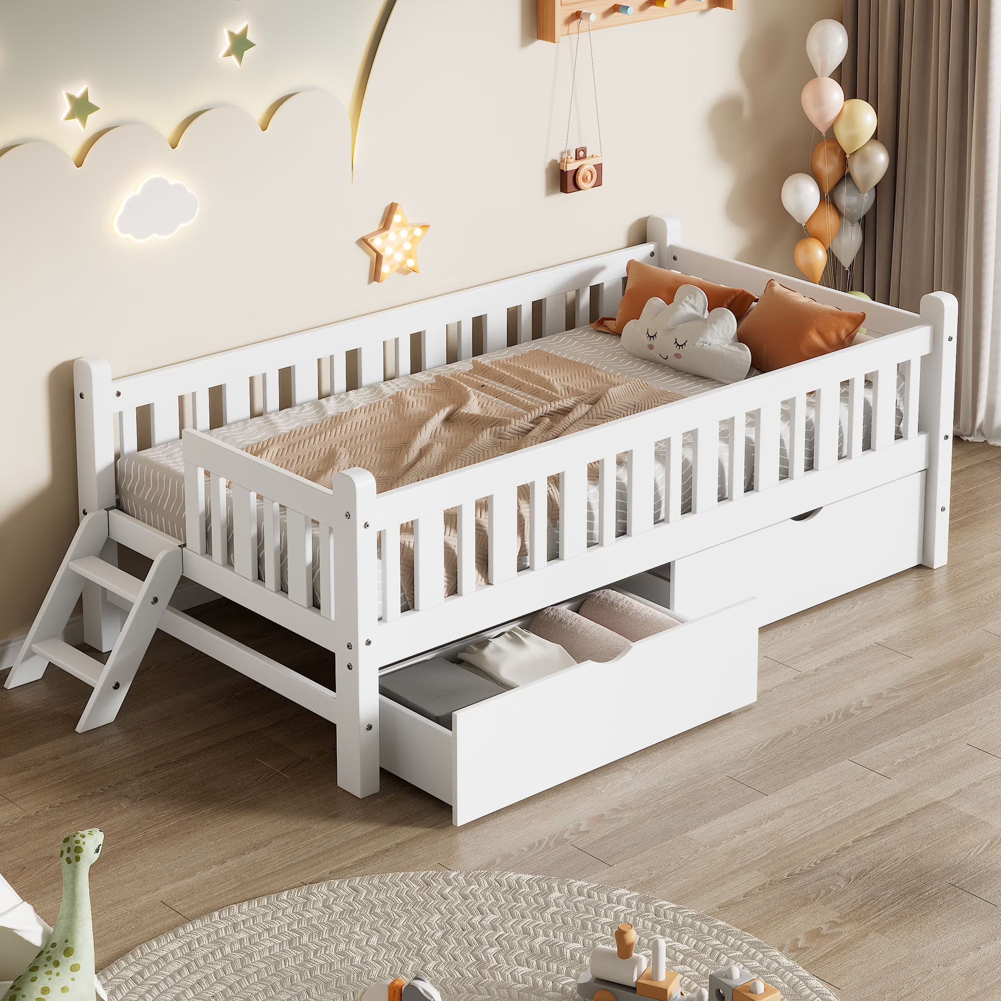 2026 New Euroco Wood Twin Size Platform Bed with 2 Drawers and Ladder for Kids and Toddlers, White