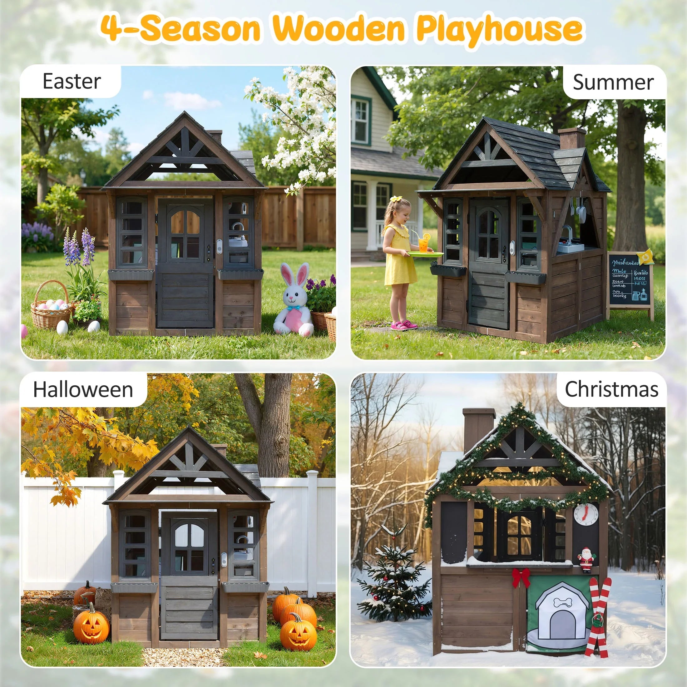 2026 New COCLUB Outdoor Playhouse for Kids Ages 4-8, Wooden Play House with Doorbell, Phone, Kitchen Toys, Outdoor Kids Play Equipment, Casa Para Niñas (45”L x 65”H), White & Black - Image 26