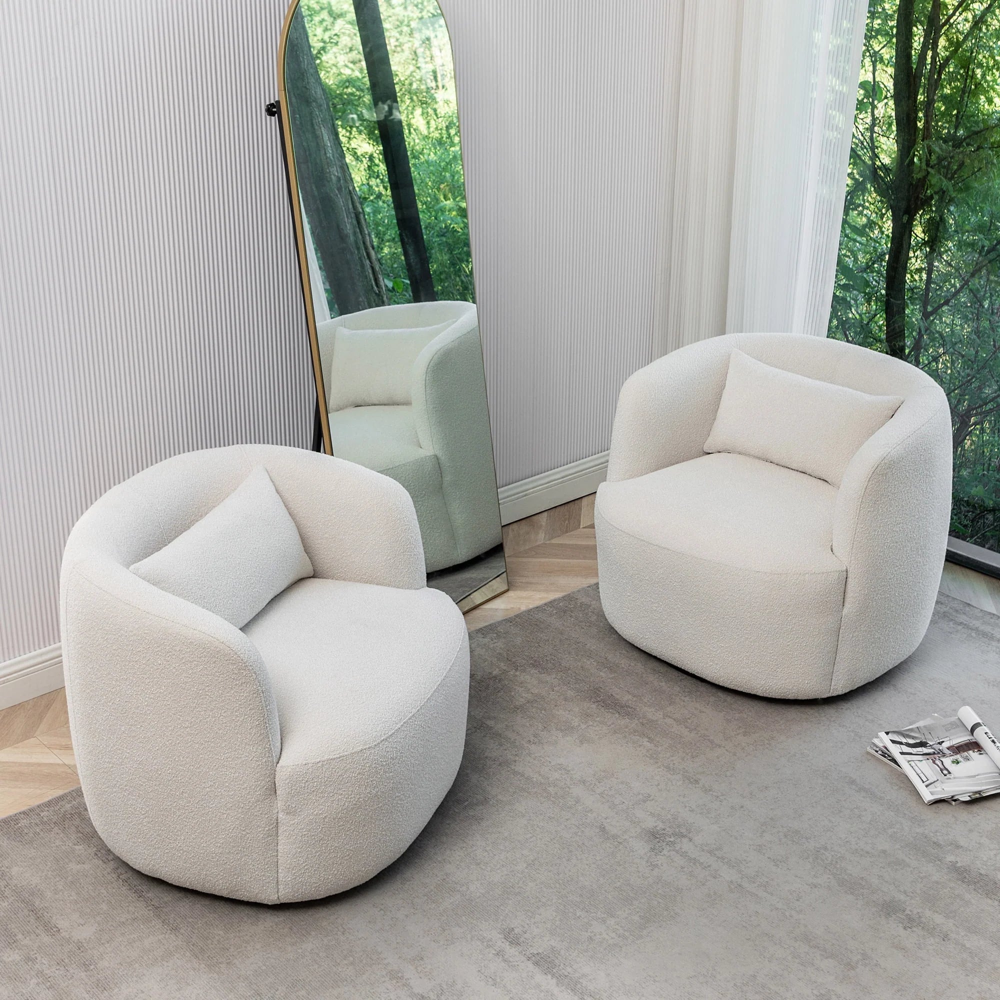 2026 New 34" Wide Boucle Swivel Barrel Chair, No Assembly Round Upholstered Armchair Accent Chair Single Sofa Chair with Toss Pillow for Living Room and Bedroom, Taupe - Image 19
