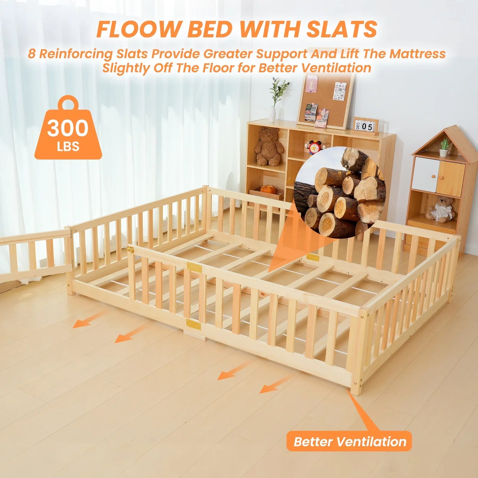 2026 New Slsy Twin Size Toddler Floor Bed, Solid Wood Montessori Bed Frame with Fence & Door Montessori Floor Bed Crib with Safety Guardrails for Girls and Boys - Image 26