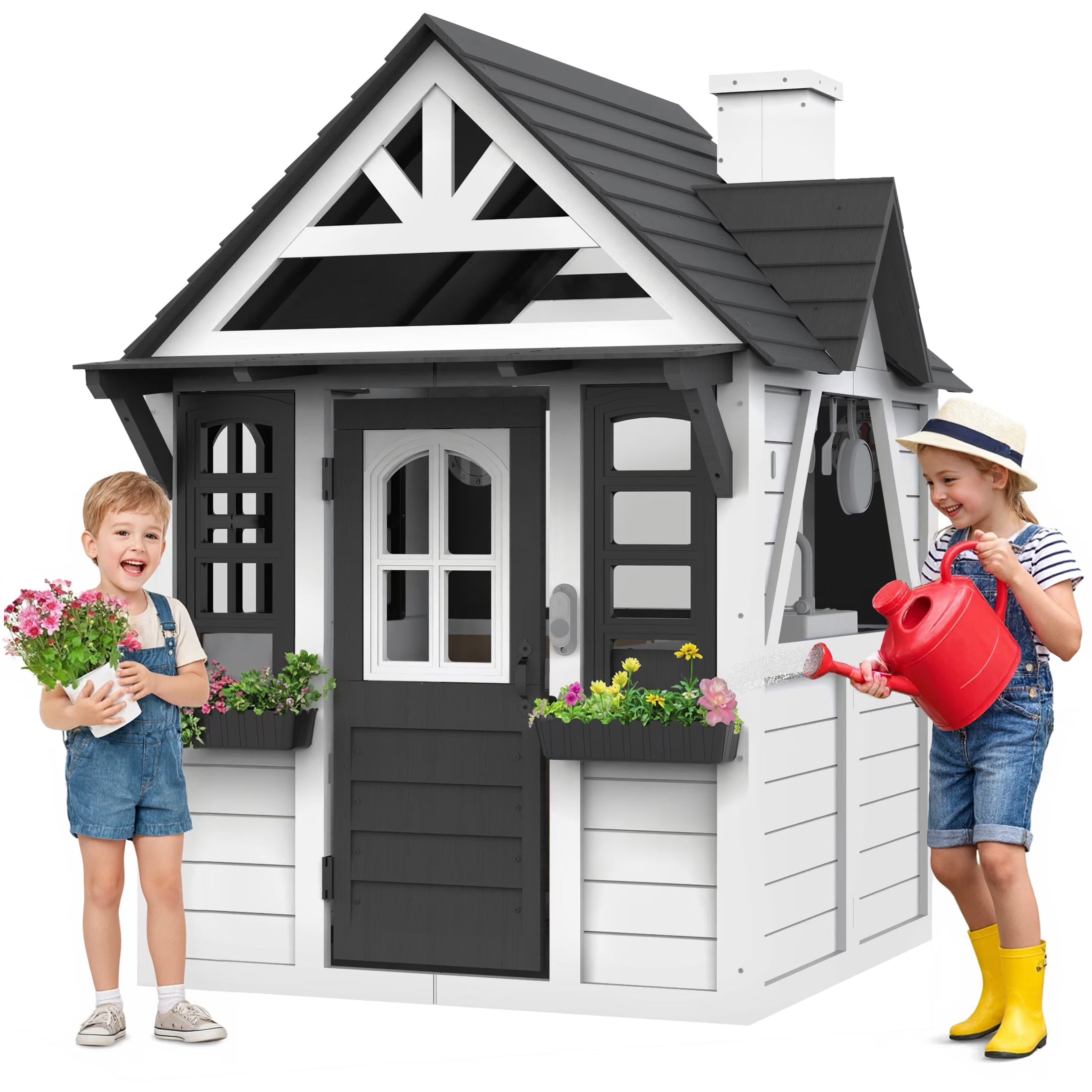 2026 New COCLUB Outdoor Playhouse for Kids Ages 4-8, Wooden Play House with Doorbell, Phone, Kitchen Toys, Outdoor Kids Play Equipment, Casa Para Niñas (45”L x 65”H), White & Black