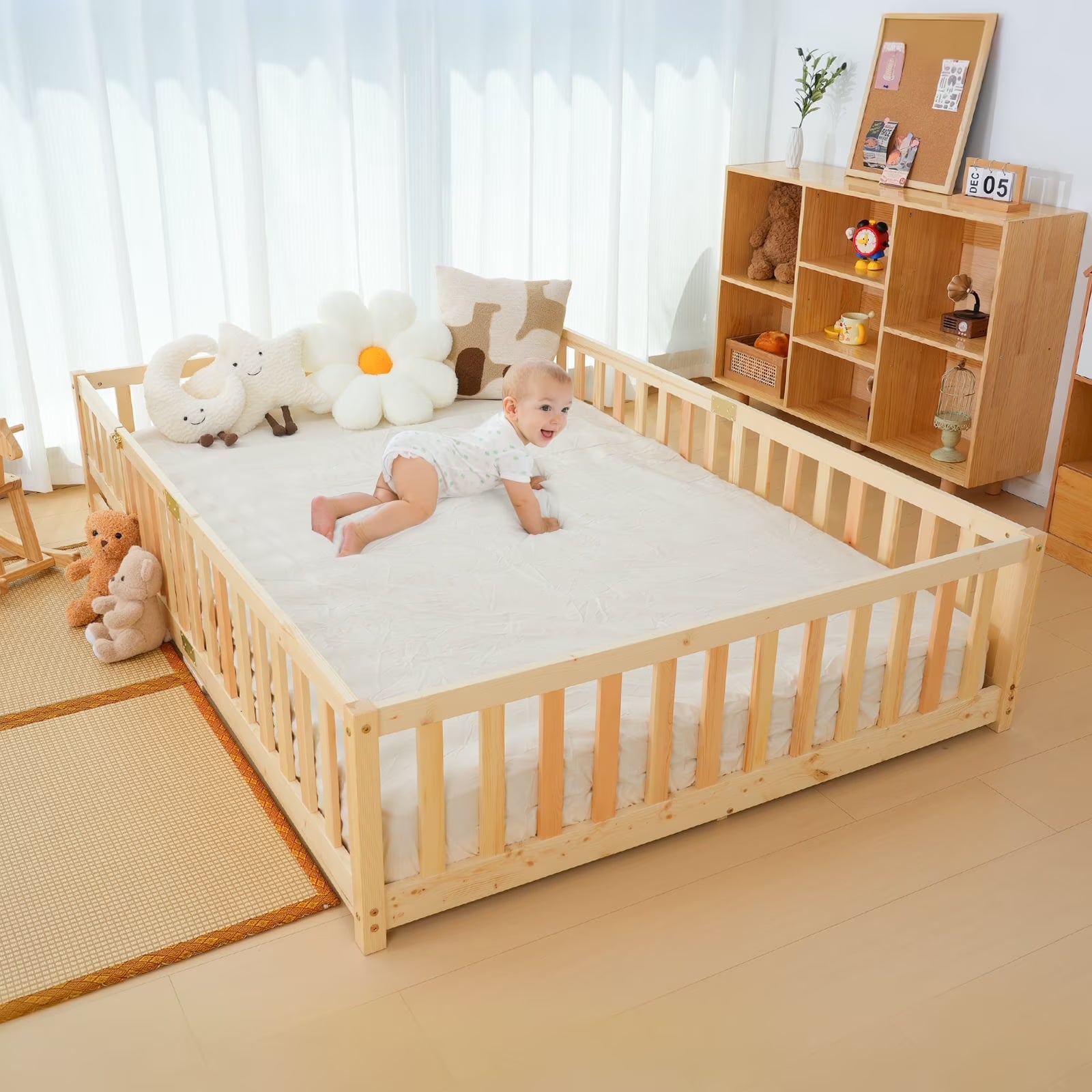 2026 New Slsy Twin Size Toddler Floor Bed, Solid Wood Montessori Bed Frame with Fence & Door Montessori Floor Bed Crib with Safety Guardrails for Girls and Boys - Image 3