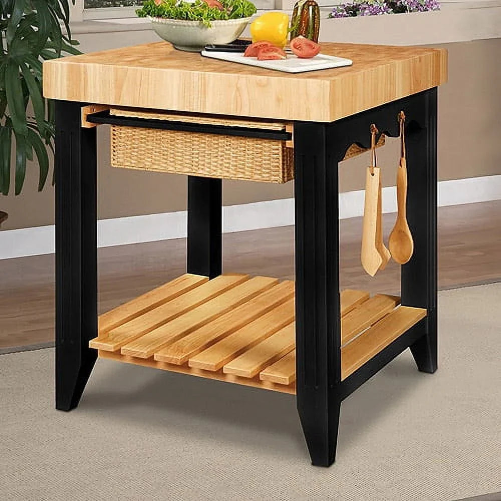 2026 New Kolton Square Kitchen Island, Black and Natural with Butcher Block Top