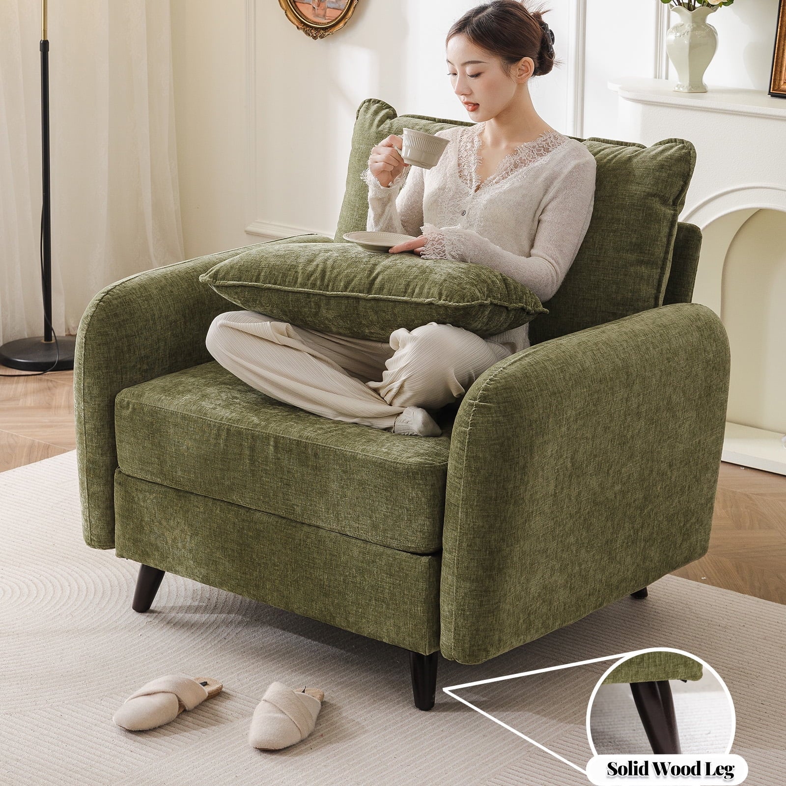 2026 New Rexulqo Oversized Accent Chair with All Seats Storage,Comfy Living Room Chairs with 2 Throw Pillow,Upholstered Mid-Century Armchair,24.5'' Deep Seat,Reading Chair For Bedroom,Office,Chenille,Green - Image 8