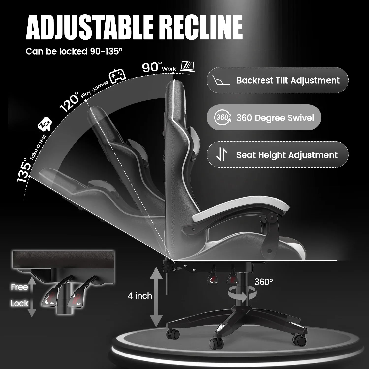 2026 New Bigzzia Gaming Chair Office Chair, Ergonomic Game Chair with Height Adjustable Headrest and Lumbar Support for Adults Teens, Black & White - Image 16