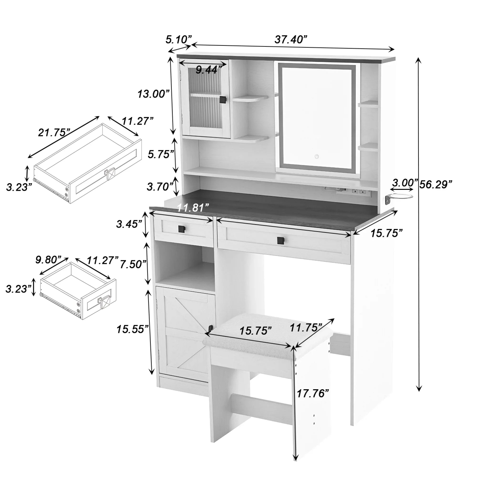2026 New Farmhouse Makeup Vanity Desk with Mirror and Lights,Dressing Table Set with Charging Station and Stool,Drawers,Shelves and Side Cabinet,White - Image 7