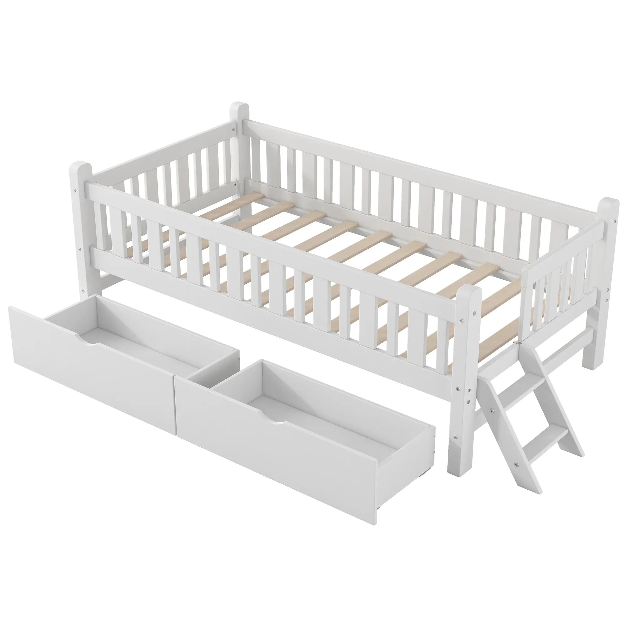2026 New Euroco Wood Twin Size Platform Bed with 2 Drawers and Ladder for Kids and Toddlers, White - Image 11