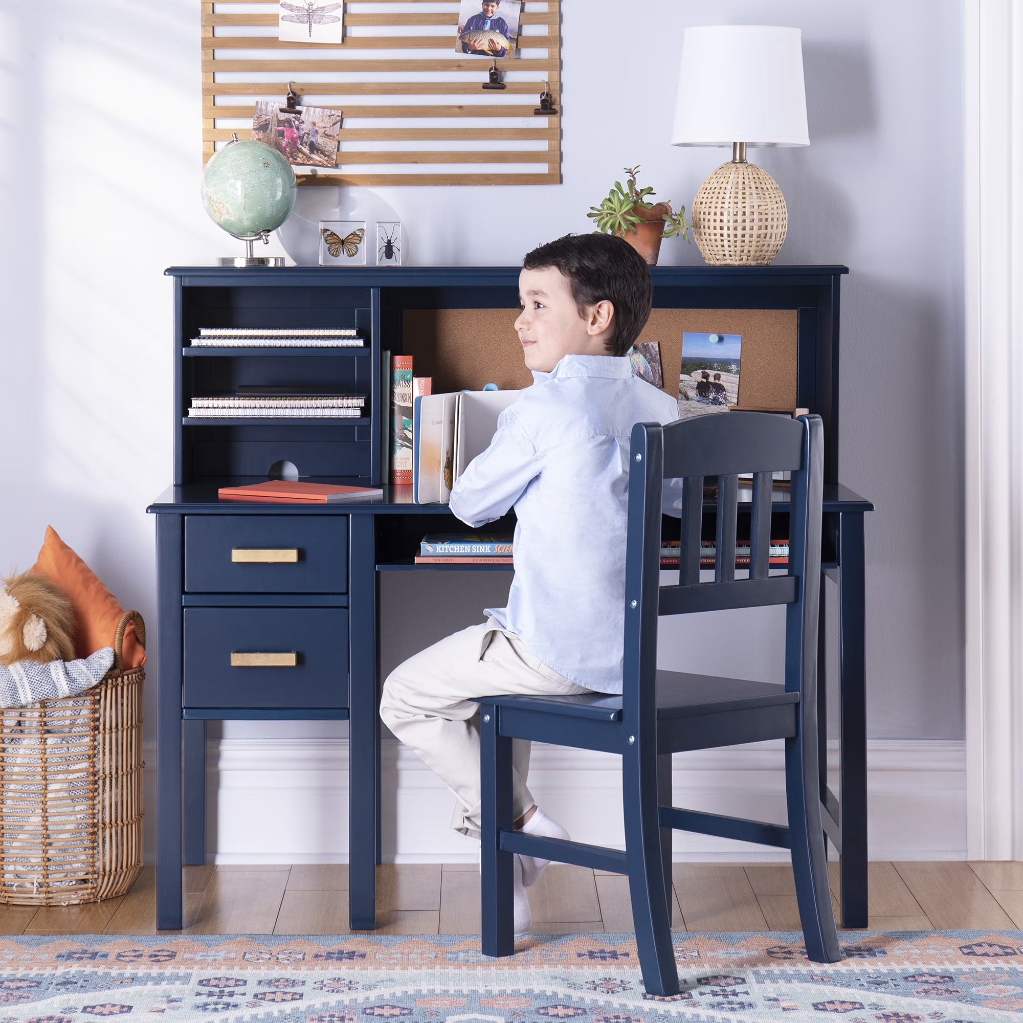 2026 New Guidecraft Taiga Kids Desk and Chair Set with Hutch - Navy: Kids Wooden Computer Desk with Storage Drawers and Shelves | Kids Study Table for Bedroom